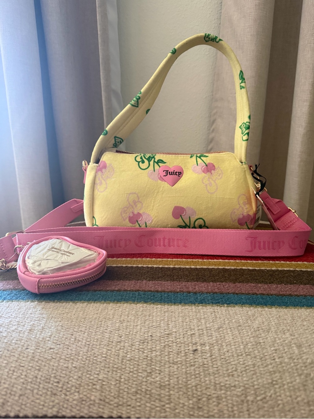Juicy Couture Yellow & Pink Cherry Heart Logo Mini Pouch